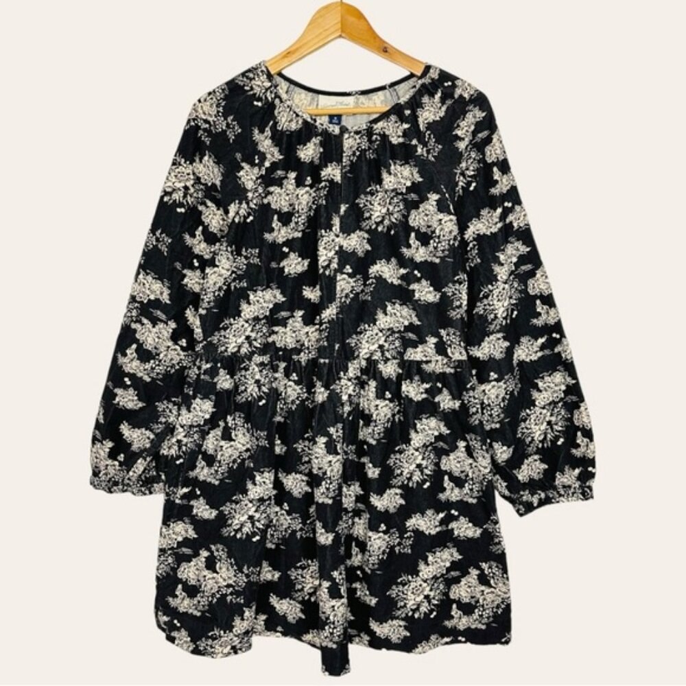 Universal Thread Floral Print Balloon Sleeve Corduroy Mini Shift Dress Black M